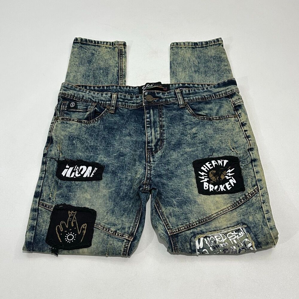 Switch Men's Jeans Acid Wash Blue Slim Taper Fit Patch Print Denim, Size 34/32